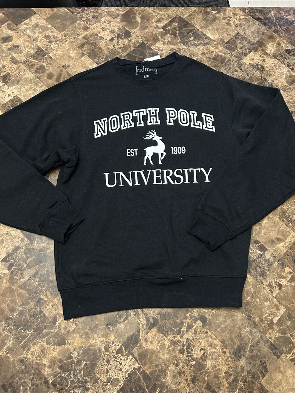 NWT 🆕 trdmrk Men’s Christmas North Pole University Black Crewneck Sweatshirt S